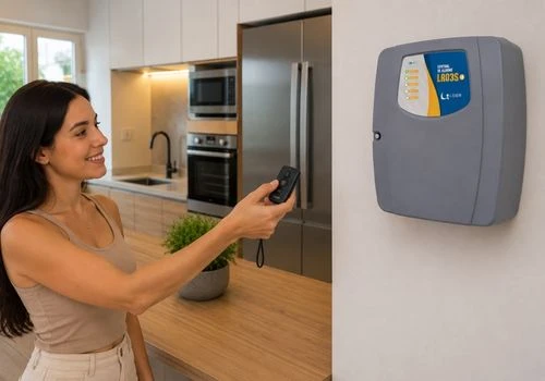 Central de alarme residencial instalada em cozinha de residência com acionamento por controle remoto e aplicativo de celular. Venda, instalação e manutenção de alarmes em Natal RN.