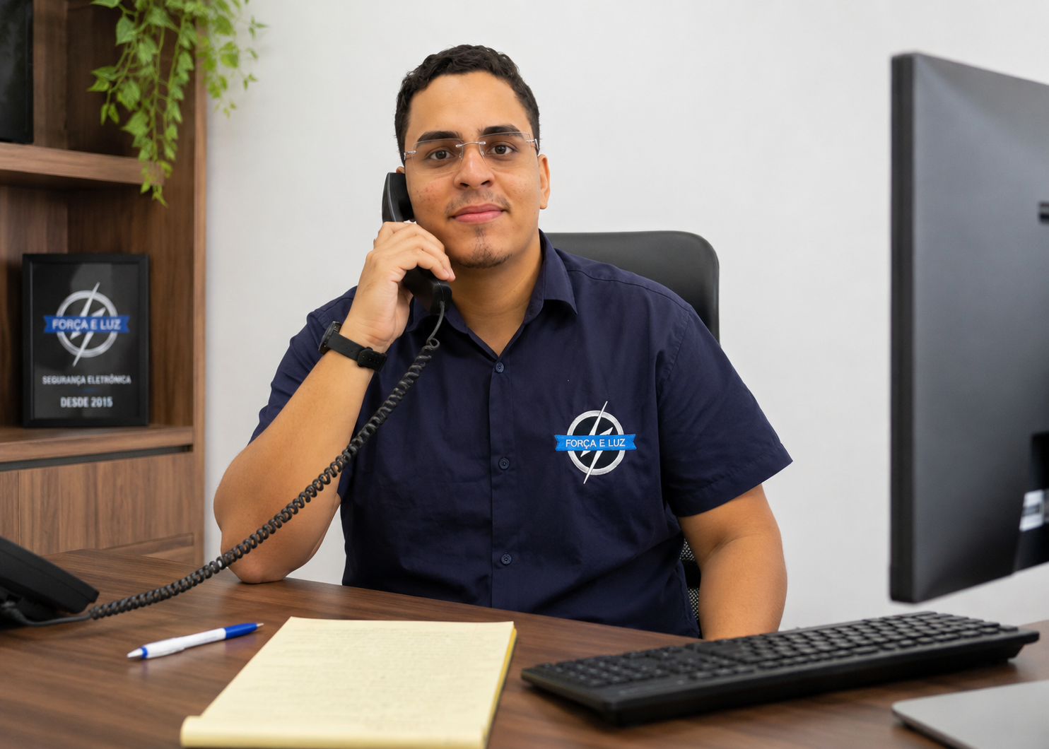 Consultor da Força e Luz Segurança Eletrônica realizando atendimento especializado em Natal RN para clientes interessados em câmeras de segurança, cerca elétrica, concertina e alarmes.