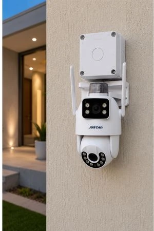Câmera Wi-Fi externa Jortan instalada com caixa de passagem e acabamento profissional para monitoramento residencial em Natal RN.