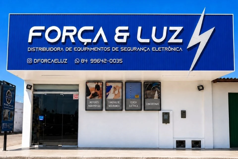Fachada da loja da Força e Luz Segurança Eletrônica em Lagoa Nova, Natal RN, especializada em venda, instalação e manutenção de cerca elétrica, câmeras de segurança, concertina, motores de portão, alarmes, interfones e controle de acesso.