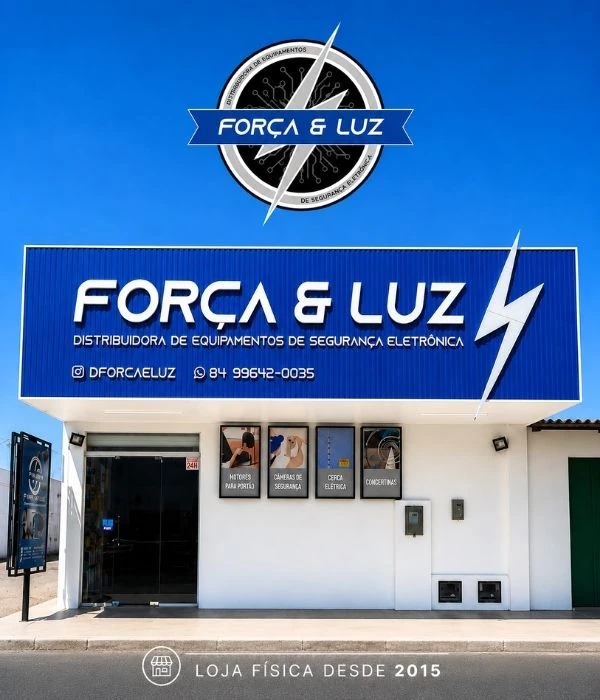 Fachada da loja da Força e Luz Segurança Eletrônica em Lagoa Nova, Natal RN, especializada em cerca elétrica, câmeras de segurança, alarmes e motores de portão.