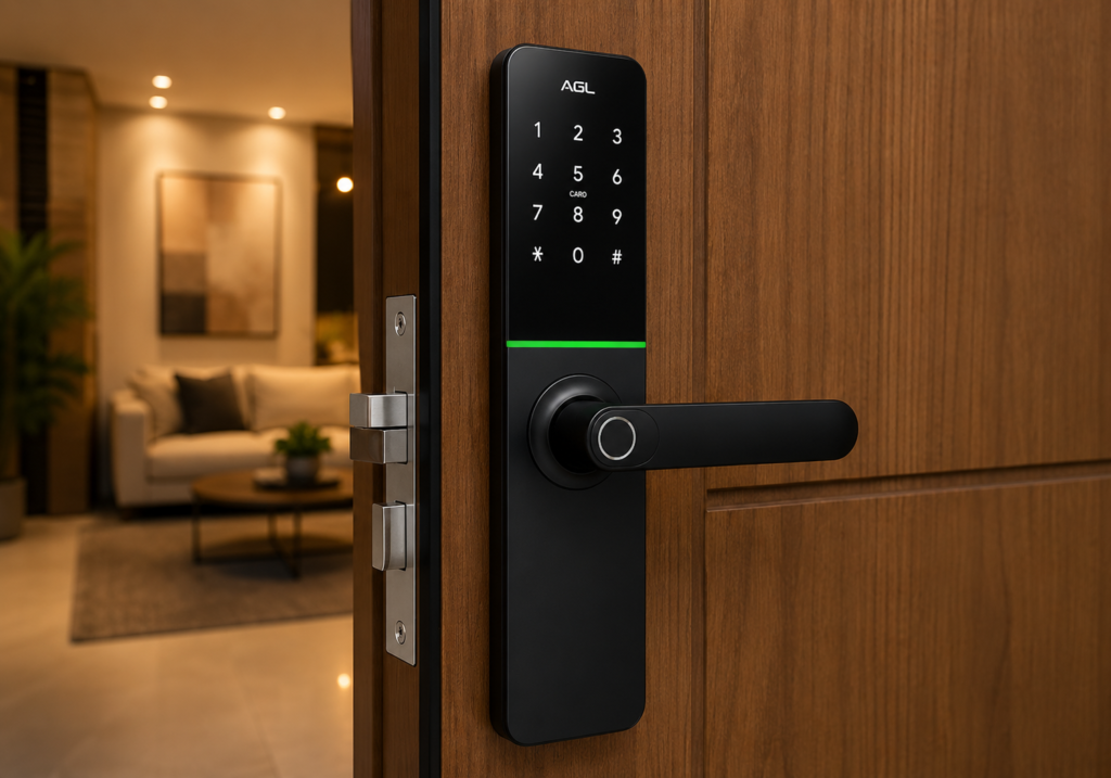 Fechadura digital instalada em porta residencial por empresa especializada em Natal RN. Venda, instalação e manutenção de fechaduras digitais, biométricas, Wi-Fi, elétricas e eletrônicas.