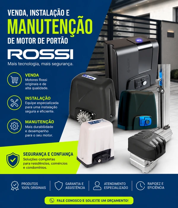 Venda, instalação e manutenção de motor de portão Rossi em Natal RN. Força e Luz Segurança Eletrônica com loja física em Lagoa Nova, atendimento em Natal e Grande Natal.