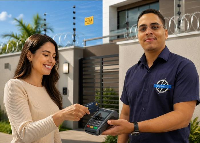 Cliente realizando pagamento com cartão na Força e Luz Segurança Eletrônica, empresa que oferece pagamento facilitado em até 10x sem juros em Natal RN.