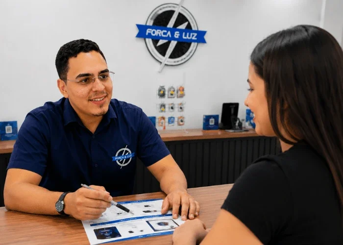 Consultor da Força e Luz realizando atendimento presencial na loja em Lagoa Nova, Natal RN, orientando uma cliente sobre soluções em câmeras de segurança, alarmes, cercas elétricas e segurança eletrônica.